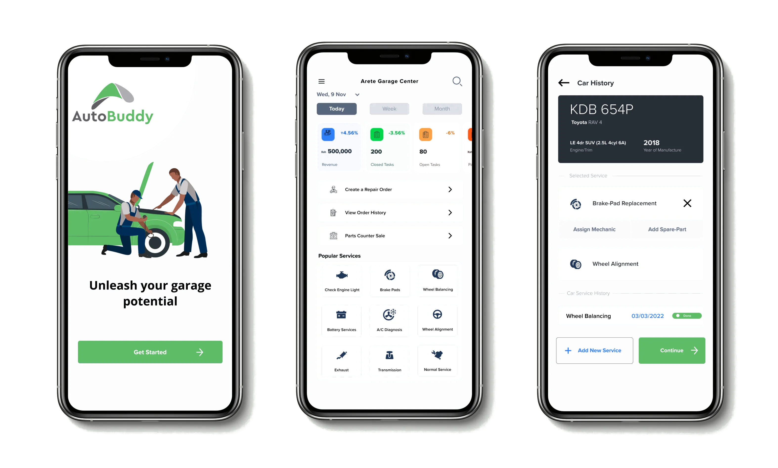 Three AutoBuddy mobile product concepts showing onboarding, the garage dashboard, and vehicle service history