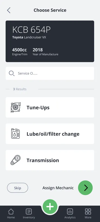 AutoBuddy Choose Service screen listing service options for a selected vehicle
