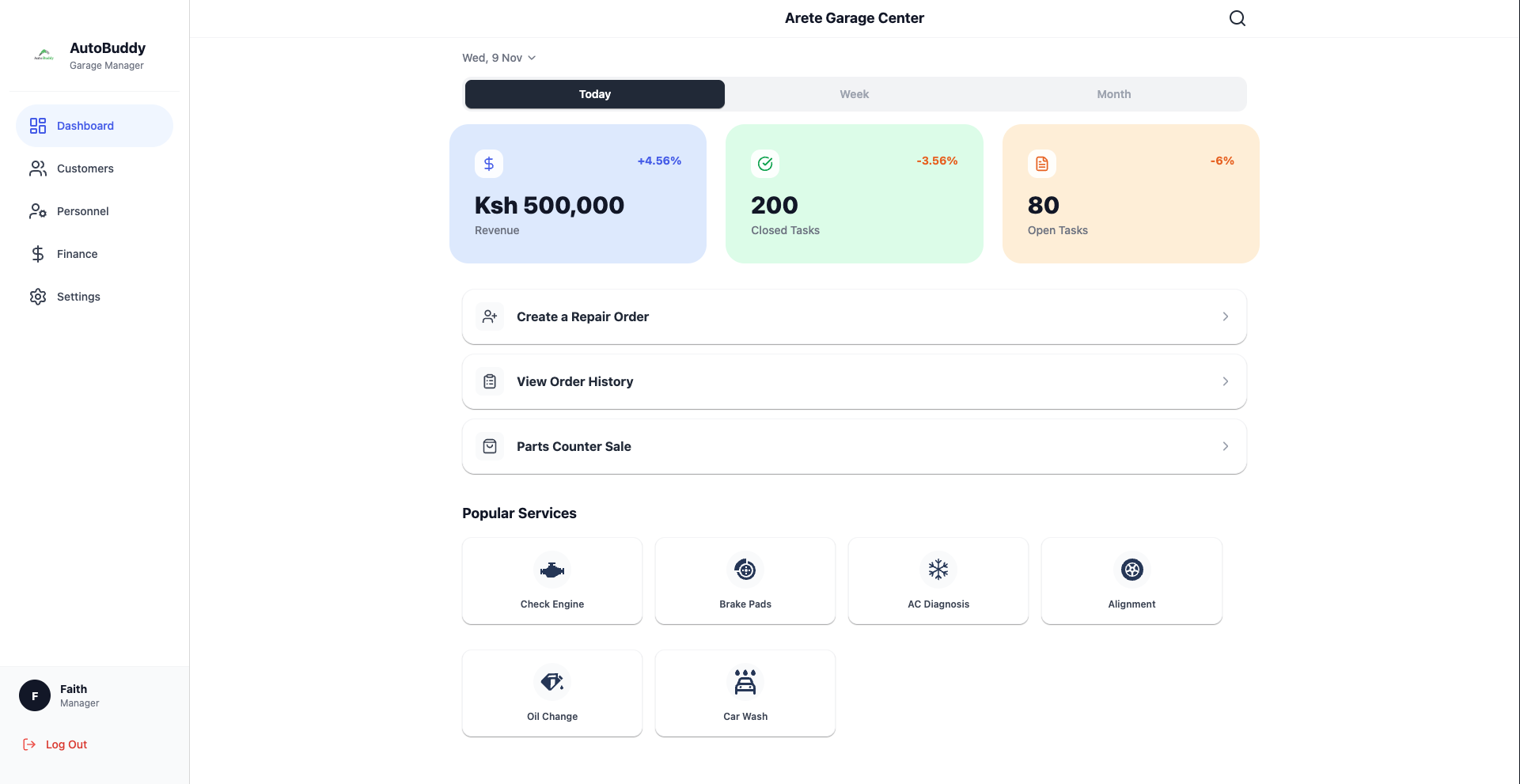 Desktop AutoBuddy dashboard showing performance cards, repair-order actions, and Popular Services