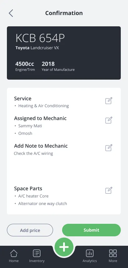 AutoBuddy repair-order confirmation screen showing service, assigned mechanics, note, and spare parts