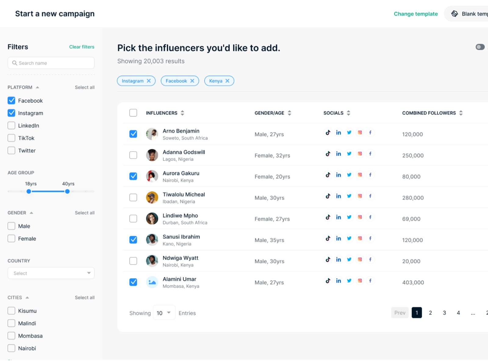 Wowzi advertiser platform showing creator discovery and selection for a new campaign