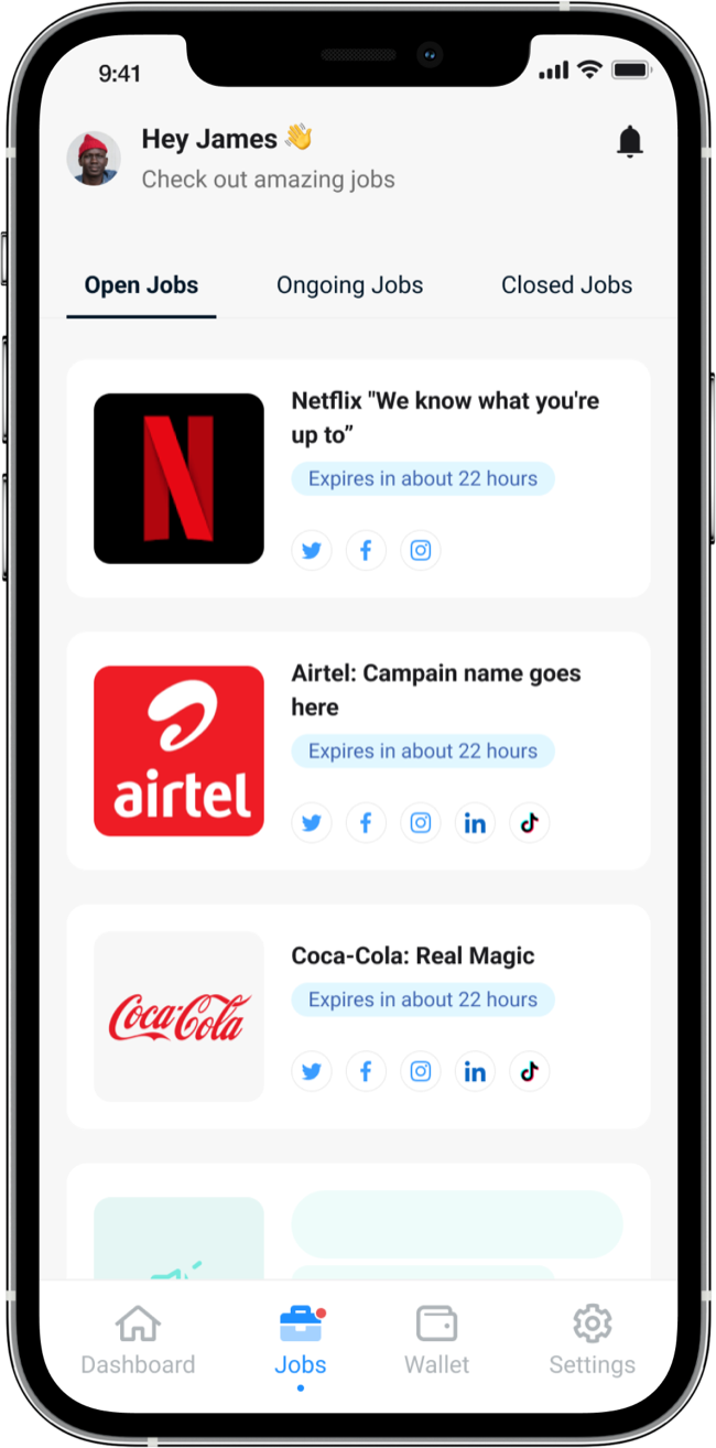 Wowzi creator app showing available campaign opportunities