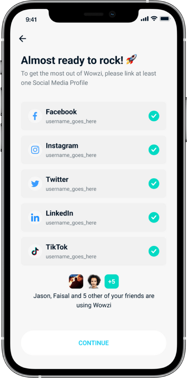 Wowzi creator app screen for linking social profiles